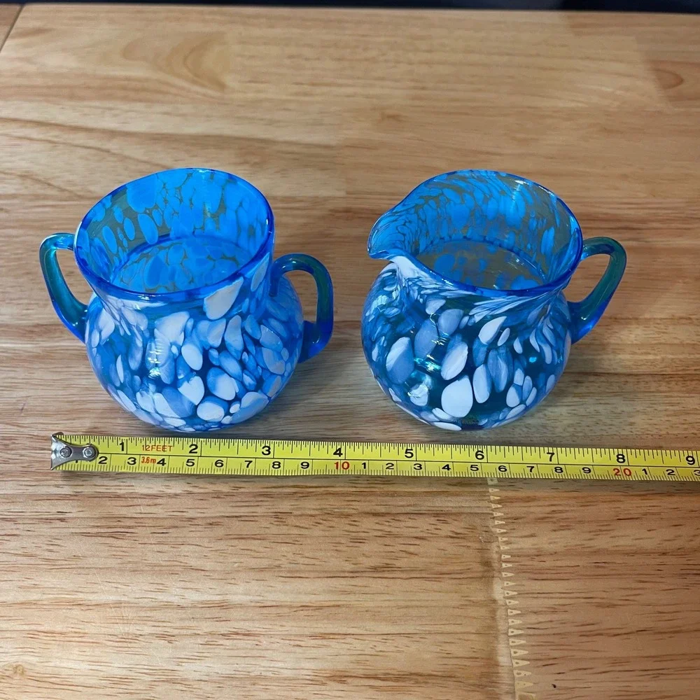 VTG Rainbow Glass Huntington WV Blue White Spatter Creamer Sugar Bowl Hand Blown